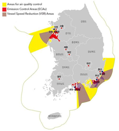 Map of South Korean ports showing Areas for air quality control, Emission Control Areas and Vessel Speed Reduction Areas. 